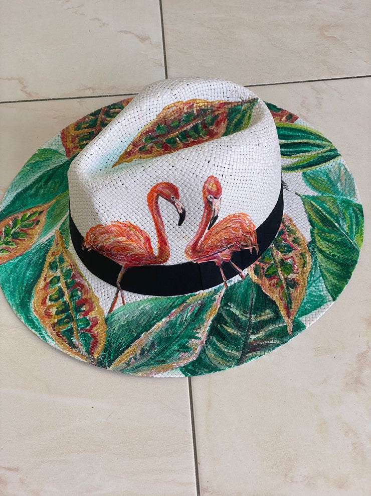 The Aruba Hat (Flamingo & Leaves on White)