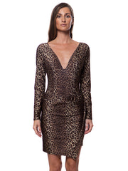 Bella Paradise animal print skirt for vacation styled as a matching long sleeve deep V-neck dress