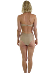 Bella Paradise high waist bikini bottom in beige shown on model from back with color print size