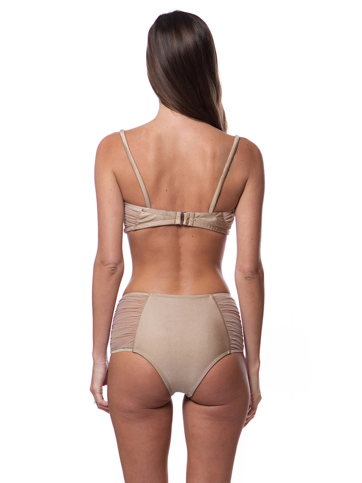 Bella Paradise high waist bikini bottom in beige with ruched side details on model back view