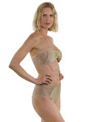 Bella Paradise beige color print high waist bikini bottom with matching bandeau top on model