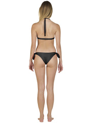 Woman wearing black low tied bikini bottom from Bella Paradise showing back view
