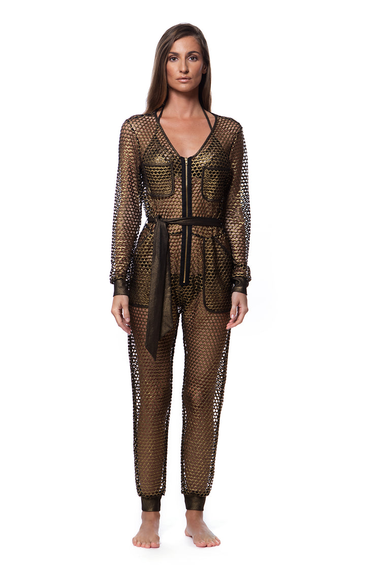 Bella Paradise metallic mesh jumpsuit for women with long sleeves and front zipper in black