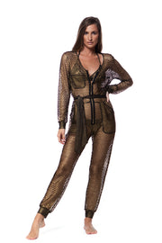 Bella Paradise metallic mesh jumpsuit for women featuring long sleeves and zipper front in a color print size