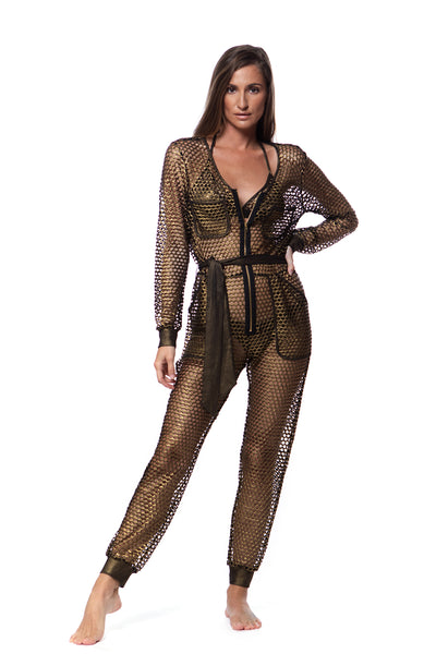 Bella Paradise metallic mesh jumpsuit for women featuring long sleeves and zipper front in a color print size