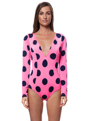 Bella Paradise pink polka dot long sleeve one piece swimsuit with deep V neckline for women