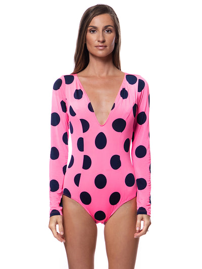 Bella Paradise pink polka dot long sleeve one piece swimsuit with deep V neckline for women