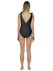 Back view of model wearing black designer swimwear for women with tie shoulder straps