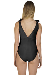 Bella Paradise black one-piece designer swimwear for women with deep V back and shoulder ties