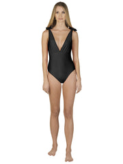 Bella Paradise black one-piece designer swimwear for women with deep V-neck and shoulder tie straps