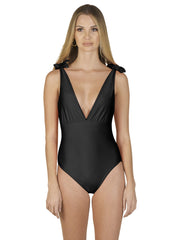 Bella Paradise black one-piece designer swimwear for women with tied shoulder straps and deep V-neck