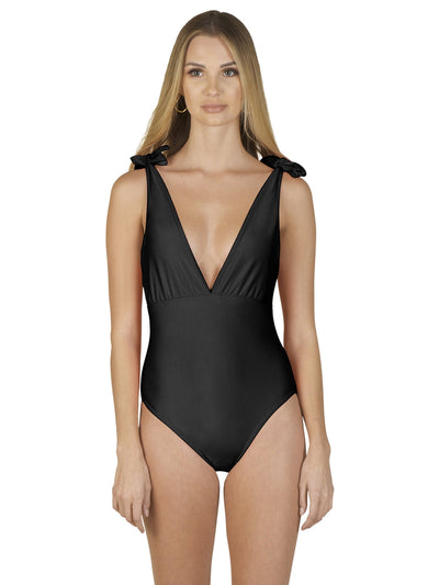 Bella Paradise black one-piece designer swimwear for women with tied shoulder straps and deep V-neck
