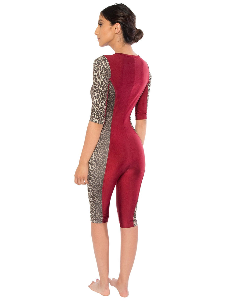 Bella Paradise color print designer zip front swim romper with leopard print and burgundy panels