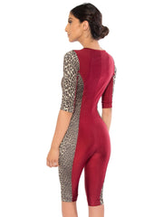 Bella Paradise color print size designer zip front swim romper with leopard print and burgundy panels