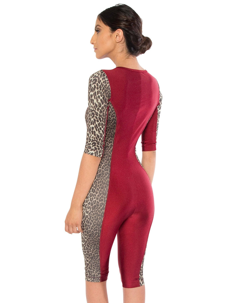 Bella Paradise color print size designer zip front swim romper with leopard print and burgundy panels