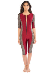 Bella Paradise designer zip front swim romper in cardinal red with leopard print side panels and elbow-length sleeves