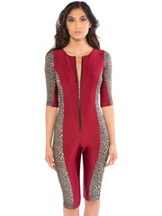 Bella Paradise designer zip front swim romper in cardinal red with leopard print side panels and mid-length sleeves