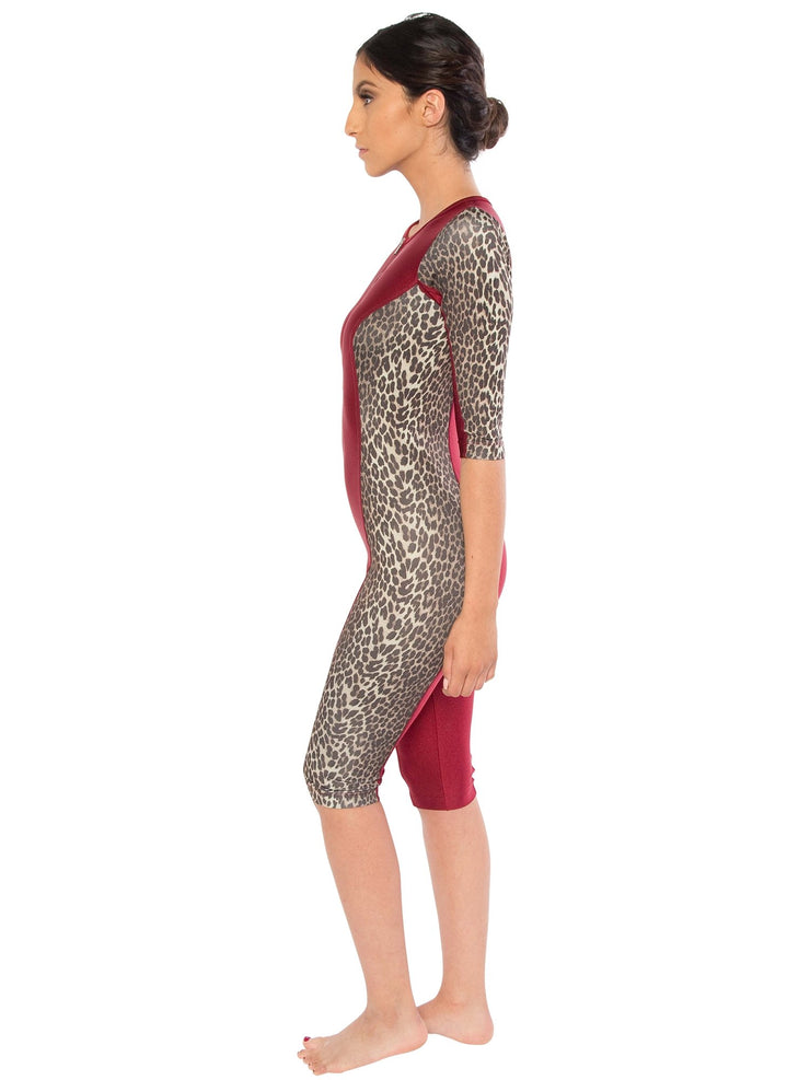 Bella Paradise designer zip front swim romper in leopard print and maroon color print size