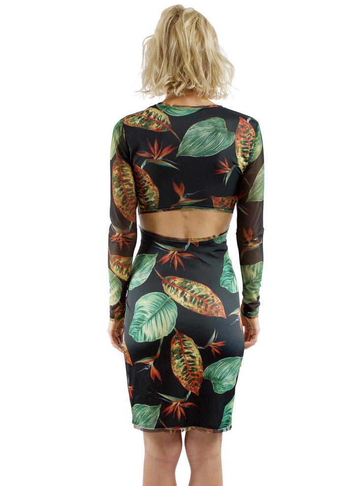 Bella Paradise drop back tropical print dress with long sleeves, cut out back and vibrant leaf pattern