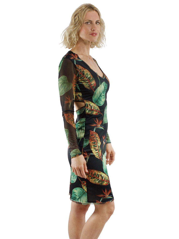 Bella Paradise drop back tropical print dress featuring green and orange leaf patterns on black background