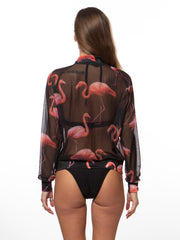 Bella Paradise mesh bomber jacket for women in black with pink flamingo print sheer design