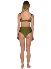 Bella Paradise olive green high waist bikini bottom with adjustable straps on woman from back