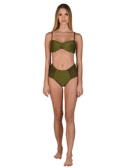 Bella Paradise color print size olive green high waist bikini bottom with sheer side panels