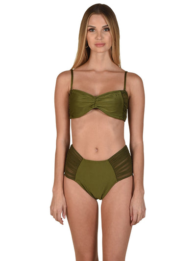 Bella Paradise olive green high waist bikini bottom with matching bandeau top on model