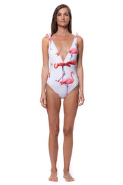 Bella Paradise high tied flamingo print swimsuit on female model with white background