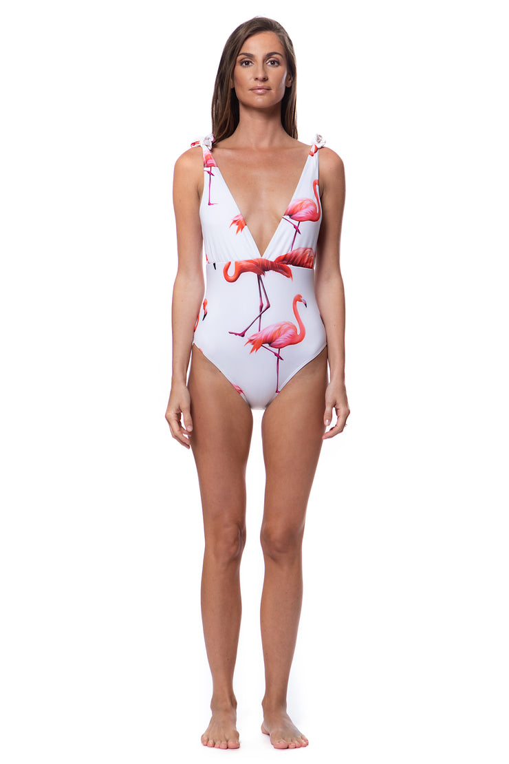 Bella Paradise high tied flamingo print swimsuit on female model with white background