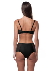 Bella Paradise black high waist bikini bottom with rushing mesh side panels shown from the back