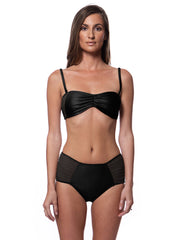 Bella Paradise black high waist bikini bottom with rushing mesh side panels worn by model