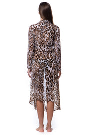 Bella Paradise leopard print swim cover up in sheer fabric worn by a woman from the back