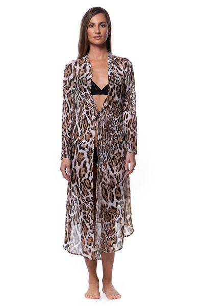 Bella Paradise leopard print swim cover up in sheer, lightweight fabric with long sleeves