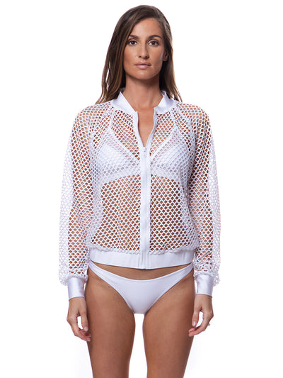 Bella Paradise lightweight summer bomber jacket in white mesh design with front zipper closure