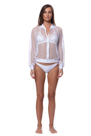 Bella Paradise lightweight summer bomber jacket in white mesh worn over bikini