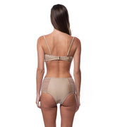Back view of model wearing luxury bandeau bikini top and matching high-waisted bottoms by Bella Paradise