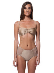 Bella Paradise luxury bandeau bikini top in beige with matching high-waisted bottoms on model
