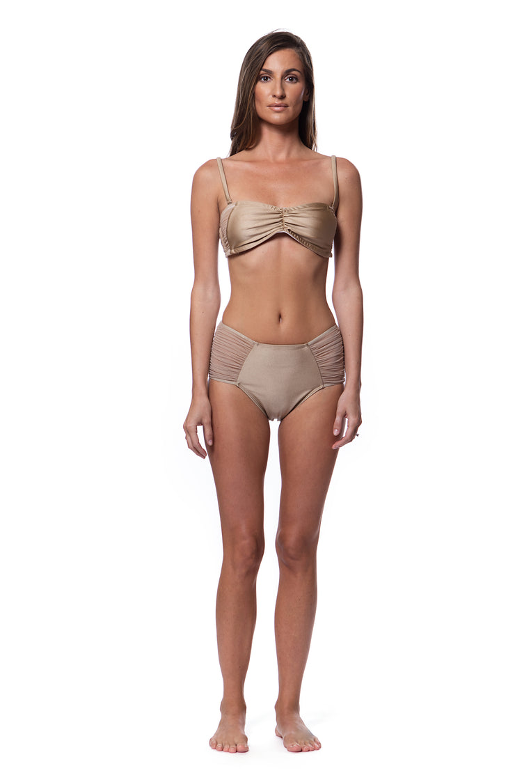 Bella Paradise luxury bandeau bikini top and matching high-waisted bottoms in beige color print size