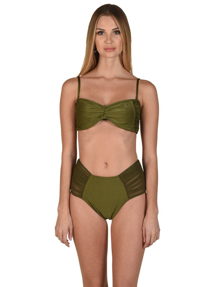 Bella Paradise luxury bandeau bikini top in olive green with matching high-waisted bikini bottom