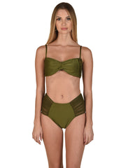 Bella Paradise luxury bandeau bikini top in olive green with matching high-waisted bottoms on model