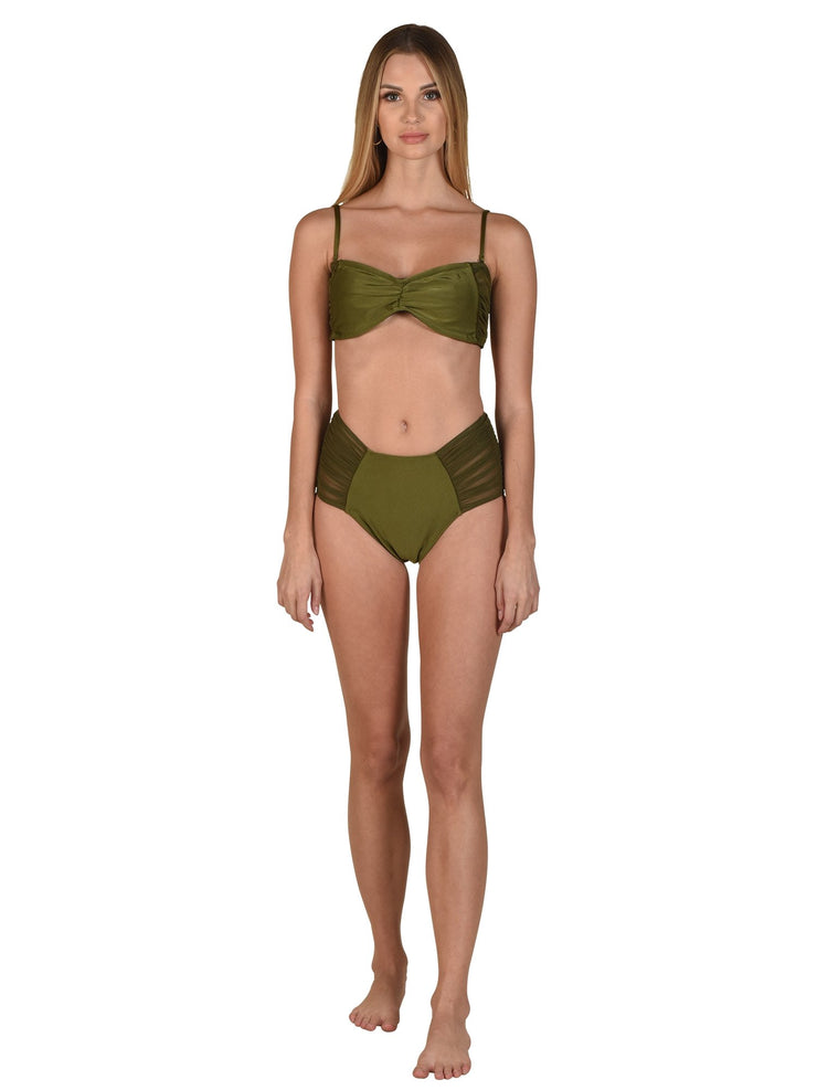 Bella Paradise luxury bandeau bikini top in olive green with matching high-waisted bottoms