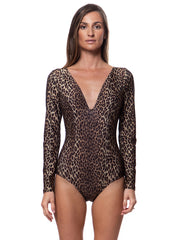 Bella Paradise luxury leopard print one piece swimsuit with long sleeves and deep V neckline