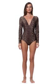 Luxury leopard print one piece swimsuit by Bella Paradise with long sleeves and deep V neckline