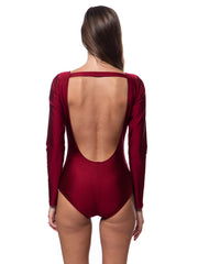 Bella Paradise luxury long sleeve one piece swimsuit in deep cardinal red with open back design