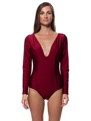 Bella Paradise luxury long sleeve one piece swimsuit in deep cardinal  red with plunging neckline