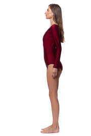 Bella Paradise luxury long sleeve one piece swimsuit in deep cardinal red color print size shown on model side view