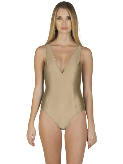 Bella Paradise luxury one piece swimsuit in Nudewith  deep V neckline for women