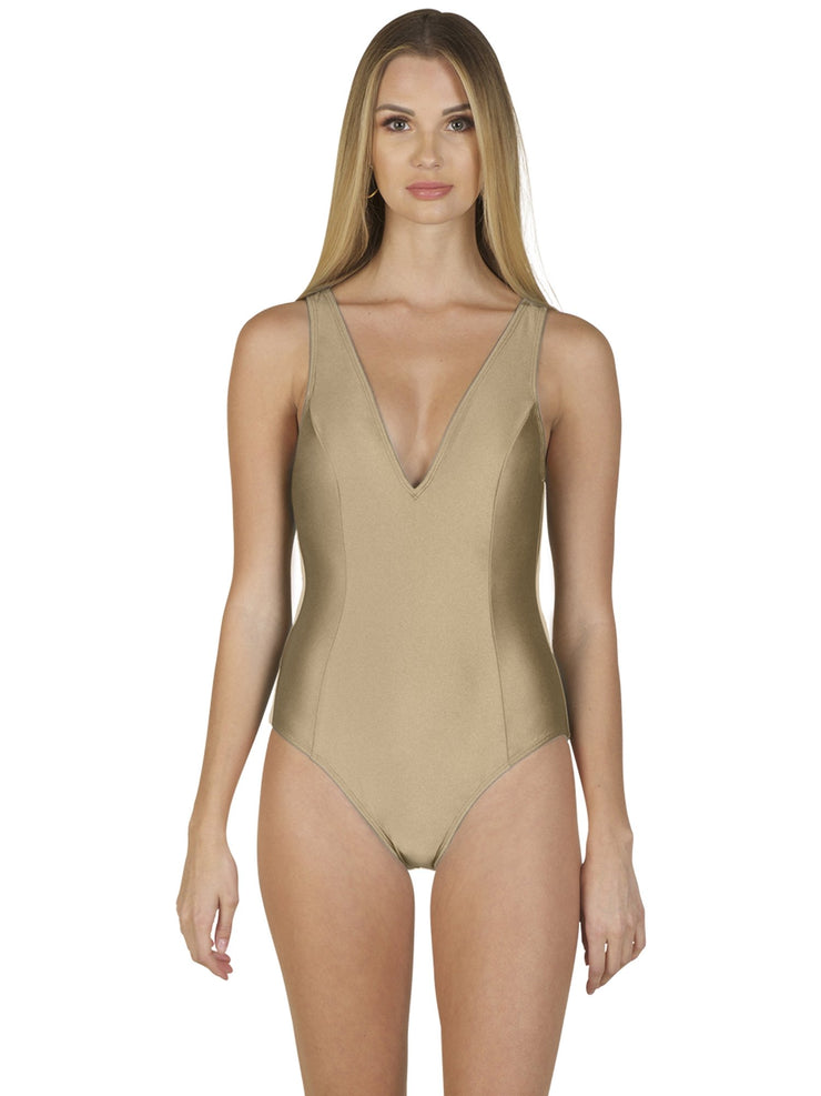 Bella Paradise luxury one piece swimsuit in Nudewith  deep V neckline for women