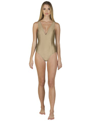Bella Paradise luxury one piece swimsuit in Nude with deep V neckline and sleeveless design